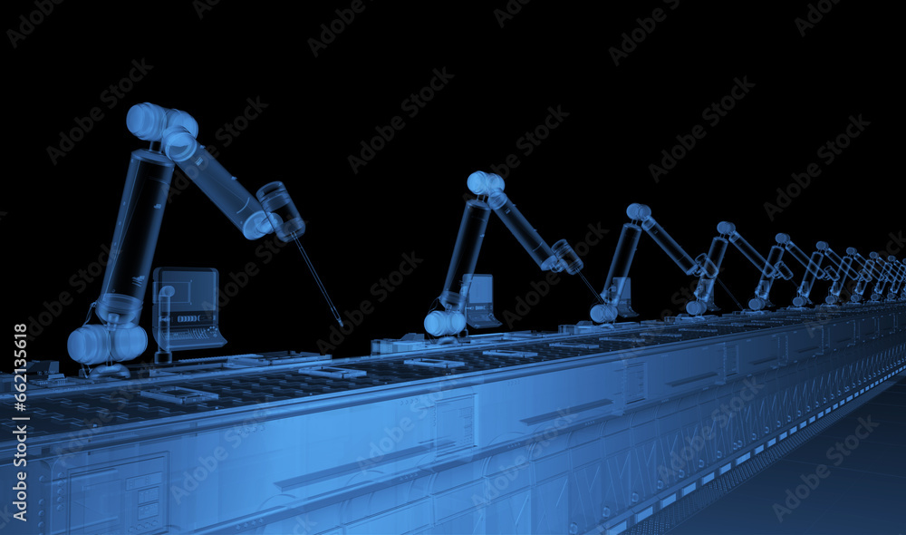 Poster x-ray robot assembly line with smartphone in factory