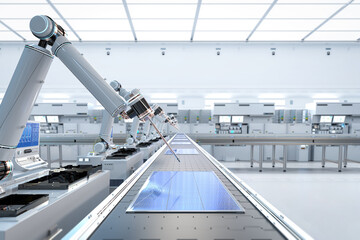 Automation industry with robot assembly line in solar panel factory - obrazy, fototapety, plakaty