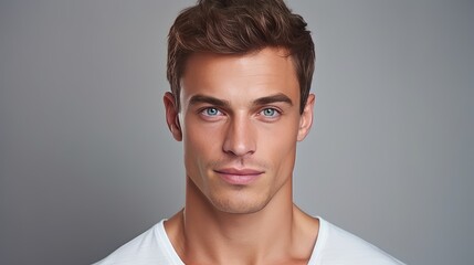 Fototapeta premium Portrait of a handsome elegant sexy Caucasian man with perfect skin, on a gray background, close-up.