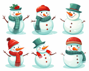 set of christmas snowman cartoon, a group of snowmen in hats, santa hats, scarfs and gifts, snowman vector set in cartoon style 