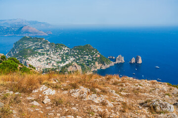 Panoramic views of Capri island and a Bay of Naples from Mount Solaro on Capri, Italy