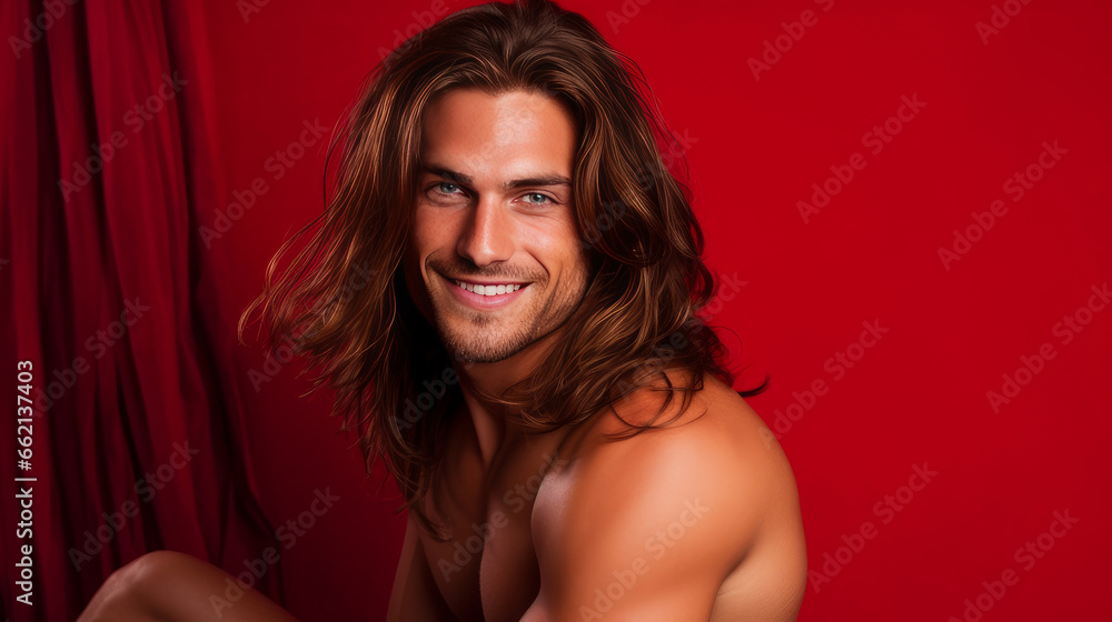 Wall mural Handsome elegant sexy smiling Caucasian man with perfect skin and long hair, on a red background, banner, close-up.