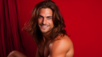 Handsome elegant sexy smiling Caucasian man with perfect skin and long hair, on a red background, banner, close-up. - obrazy, fototapety, plakaty