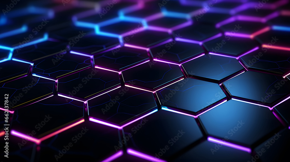 Poster neon hexagons background, abstract background hexagon pattern with glowing lights