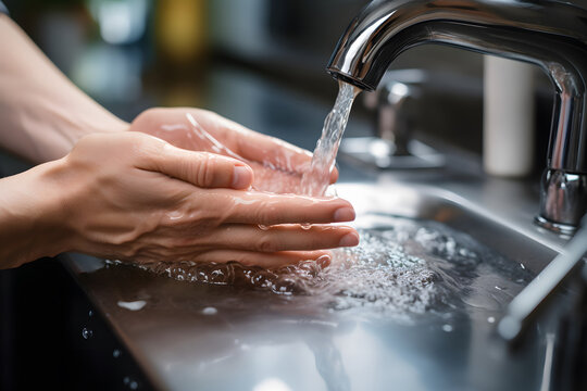 Patient washes his soapy hands under the tap