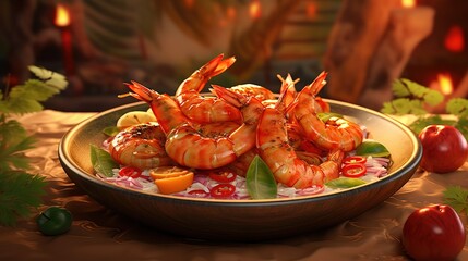 tiger Prawns as indo-chinese cuisine dish shrimps with Sauce on the side