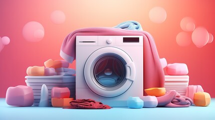 washing machine in a clean room with hud and flying clothes design as wide banner - obrazy, fototapety, plakaty