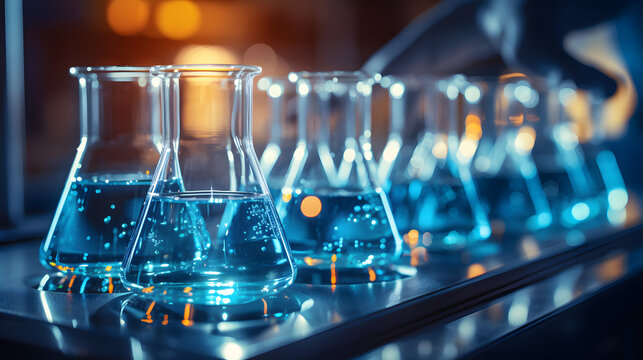 Scientist in laboratory analyzing blue substance in beaker, conducting medical research for pharmaceutical discovery, biotechnology development in healthcare, science and chemistry concept