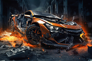 Photo of a completely wrecked car after a severe accident