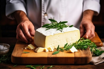 A farmer demonstrates a piece of cheese he made with his own hands. Homemade cheese production on a farm. Natural product. Close-up. Farming concept.