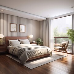 bedroom with white and concrete walls, wooden floor, brown bed with bedside tables and gray armchair