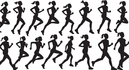 Running woman silhouettes on a white background. Big set of female sprinter vector illustration