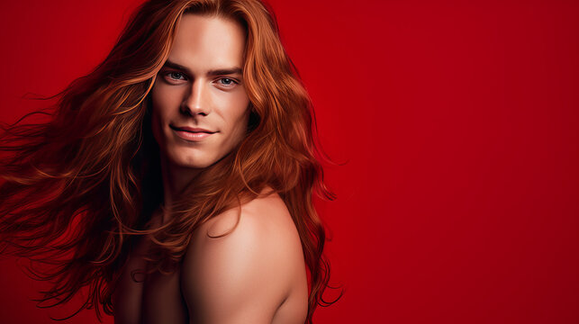 Handsome elegant sexy smiling Caucasian man with perfect skin and long red hair, on a red background, banner, close-up.