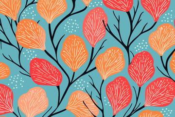 Sea fan waving in the current quirky doodle pattern, wallpaper, background, cartoon, vector, whimsical Illustration