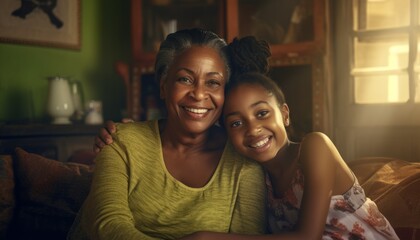 a young African-American girl snuggles up to her grandmother in a sunlit living room