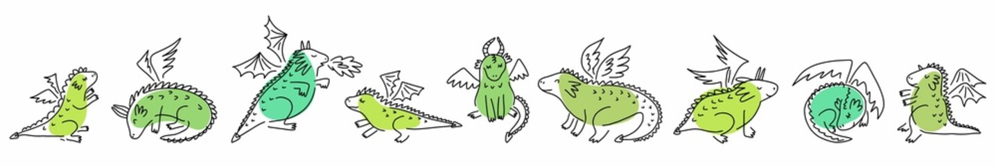 A collection of cute dragons and dinosaurs hand-drawn in the style of doodles