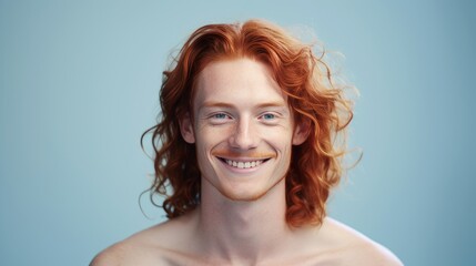 Handsome elegant sexy smiling man with perfect skin and long red hair, on a light blue background, banner, close-up.