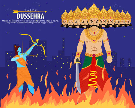 Greeting card of happy Dusshera Lord Ram with bow arrow killing Ravan in Dussehra happy Vijayadashami and Navratri festival