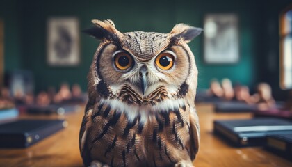An owl is sitting on a table in a classroom, blurry background