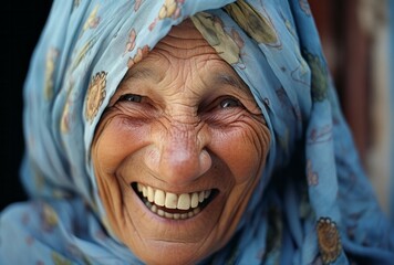 an old woman laughing happily with a traditional headscarf and a friendly face
