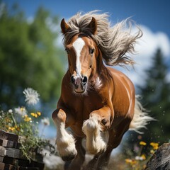 light brown horse jumping alone over an obstacle with blowing mane in free nature surrounded by flowers