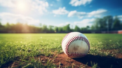 Baseball in a field with lens flare and copy space - obrazy, fototapety, plakaty