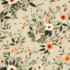 orange seamless floral vector small flowers with green leaves pattern on cream background. generative ai.