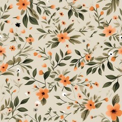 orange seamless floral vector small flowers with green leaves pattern on cream background. generative ai. - obrazy, fototapety, plakaty