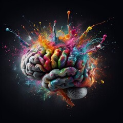 Creative art brain explodes with paints with splashes on a black background, concept idea