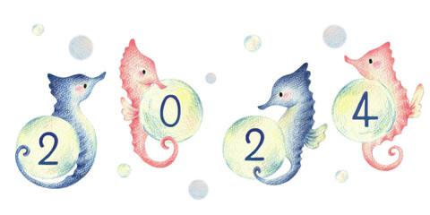 2024年の泡を持つタツノオトシゴ　手描き色鉛筆画 © miyu