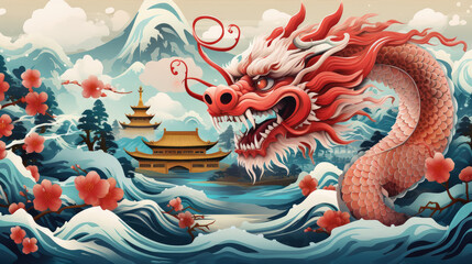 Dragon zodiac on sky with style chinese background , Happy chinese New Year 2024 - obrazy, fototapety, plakaty