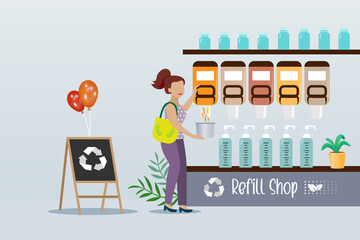 Refill shop, sustainable zero waste grocery store. Woman self refill cereals and grains from bulk dispenser in reusable container, Vector.