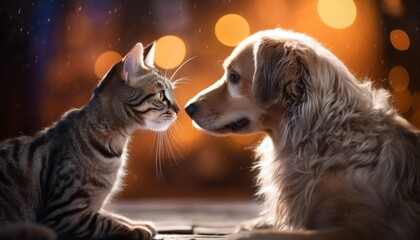 A cat and a dog touching nose to nose, blurred background