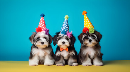 Fototapeta na wymiar Cute Havanese dogs puppy group on birthday party bright background. for presentation. copy text space.