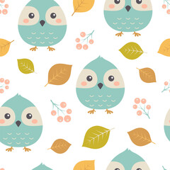 autumn seamless pattern with owl and leaves, flat vector illustration which can be used as wallpaper or wrapping paper