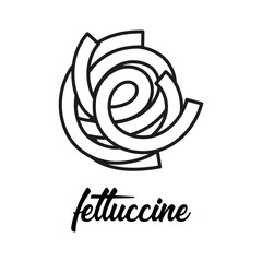 fettuccine pasta sketch, outline black and white flat style macaroni illustration isolated on white background