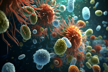 dangerous bacteria, germs, viruses in the human body,  3d rendering, AI generative  