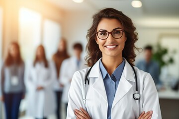 Female woman doctor nurse portrait shot smiling cheerful confident standing front row in medical training class or seminar room background - obrazy, fototapety, plakaty