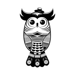 Owl tattoo. Black and white illustration isolated on white background. 