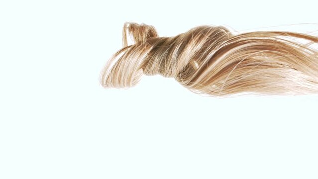 Close up of a bunch of locks of brown hair. Brown shiny wavy hair isolated on white background. Hair color palette. Haircut, hair care and beauty salon. High quality 4k footage