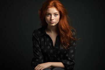 Fototapeta na wymiar Full length portrait of cute redhead posing for the studio lighting, black backdrop