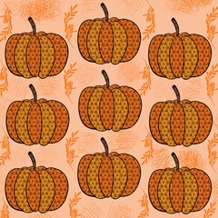 seamless pattern with pumpkins pumpkin, food, fruit, halloween, vegetable, vector, illustration, apple, autumn, orange, drawing