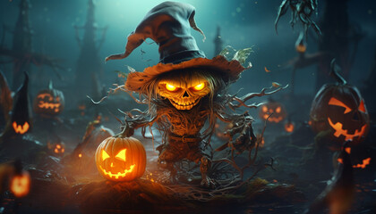 Good Goblin Halloween Character in a Halloween Landscape - obrazy, fototapety, plakaty