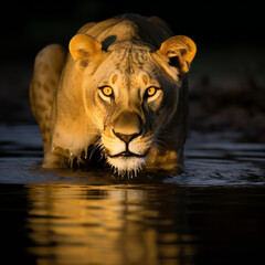 lioness drinks water from the lake, night, close-up