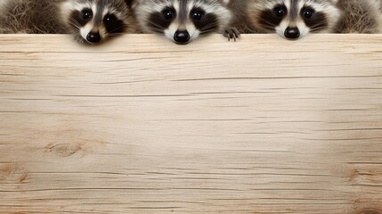 space for text on light wooden textured background surrounded by racoons from top view, background image, AI generated