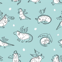 A pattern from a collection of cute dragons and dinosaurs, hand-drawn in the style of doodles