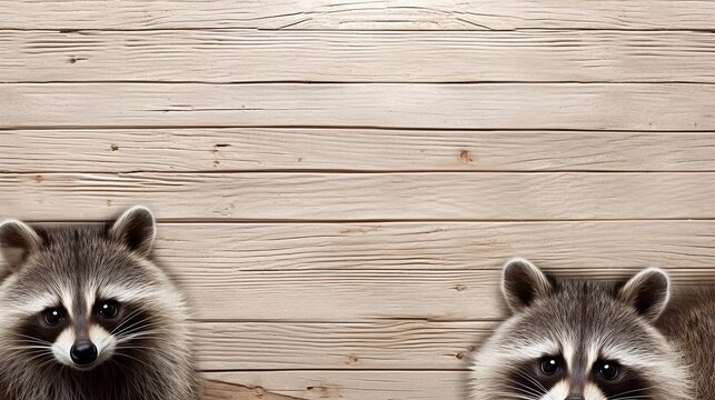 space for text on light wooden textured background surrounded by racoons from top view, background image, AI generated