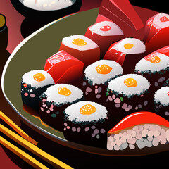Sushi rolls on a plate with chopsticks. Vector illustration.