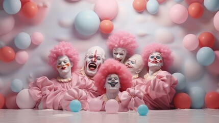space for text on pastel background surrounded by funny clowns, background image, AI generated