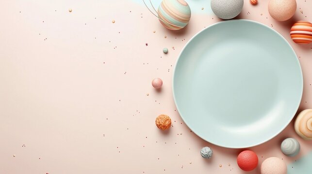space for text on pastel background surrounded by decorative plates from top view, background image, AI generated